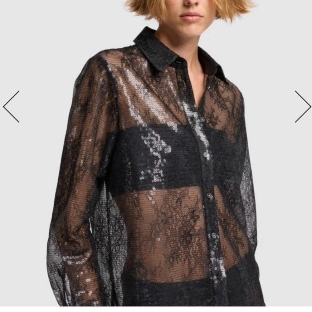 NWT 7 For All Mankind Black Sequin Sheer Button Down Shirt Women Small